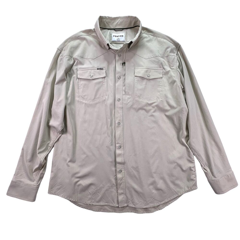 Poncho Pecos Pearl Snap Shirt Mens XL L/S Khaki Tan Western Fishing Performance - Picture 5 of 16